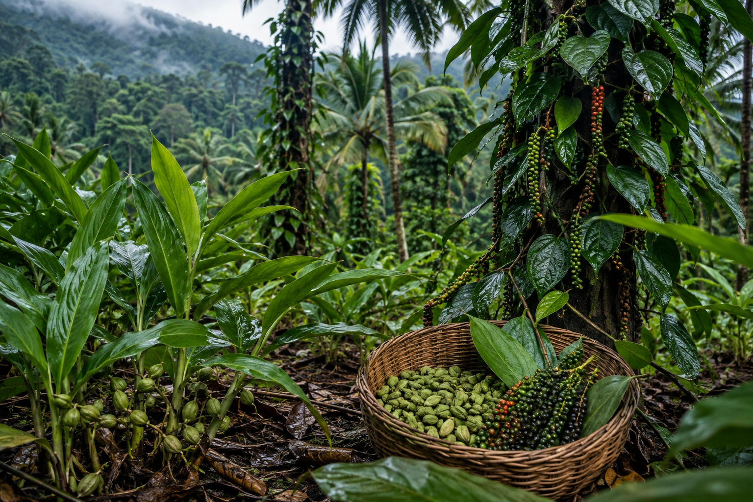 Cardamom and black pepper growing in the green landscape of Kerala