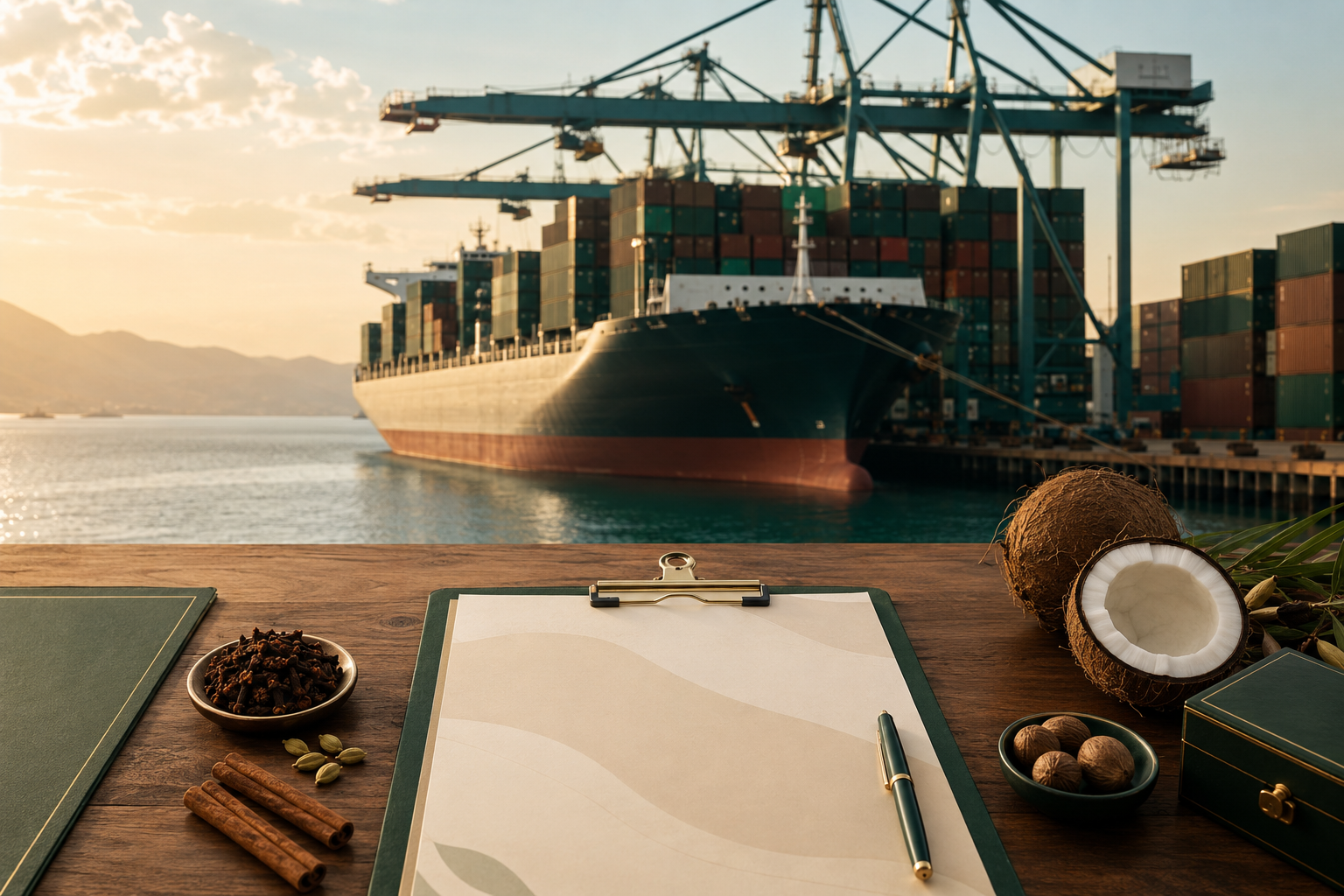 Cargo vessel and export coordination desk at a modern port